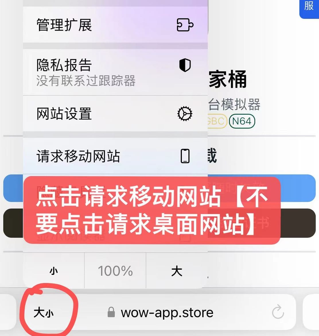 在 Safari 地址栏菜单中选择请求移动网站