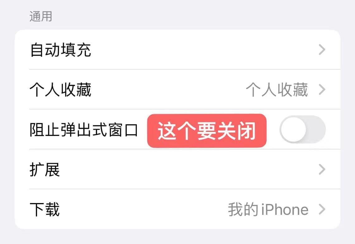 Safari 浏览器设置中的阻止弹出式窗口选项